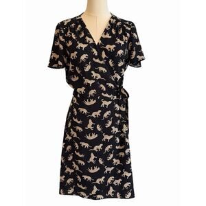 J.Crew Wrap Dress 6 Navy Blue Leopard Jaguar Short Sleeve Casual Career Business